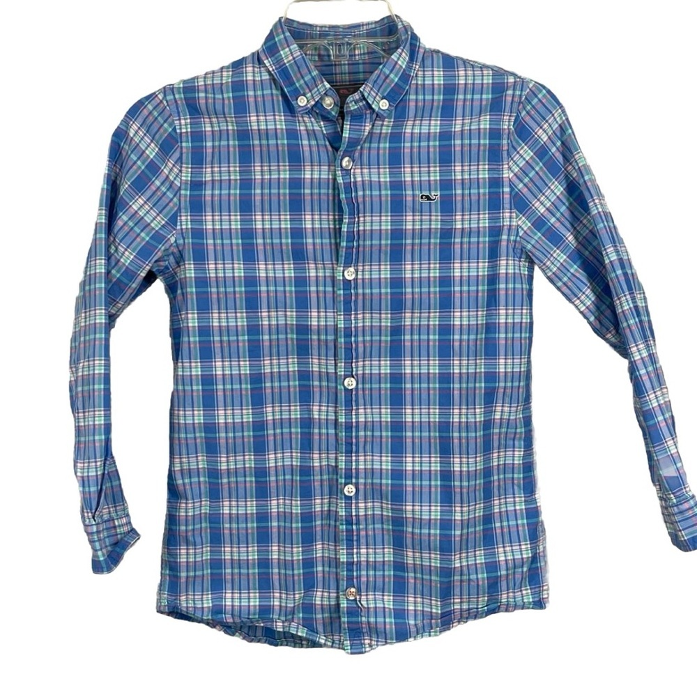 Vineyard Vines Button Up Whale Shirt Boys Sz Small Multicolor Check 100% Cotton
